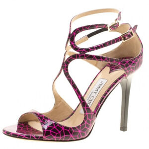 Jimmy Choo Pink and Black Print Patent Lance Strappy Sandals Size 36.5